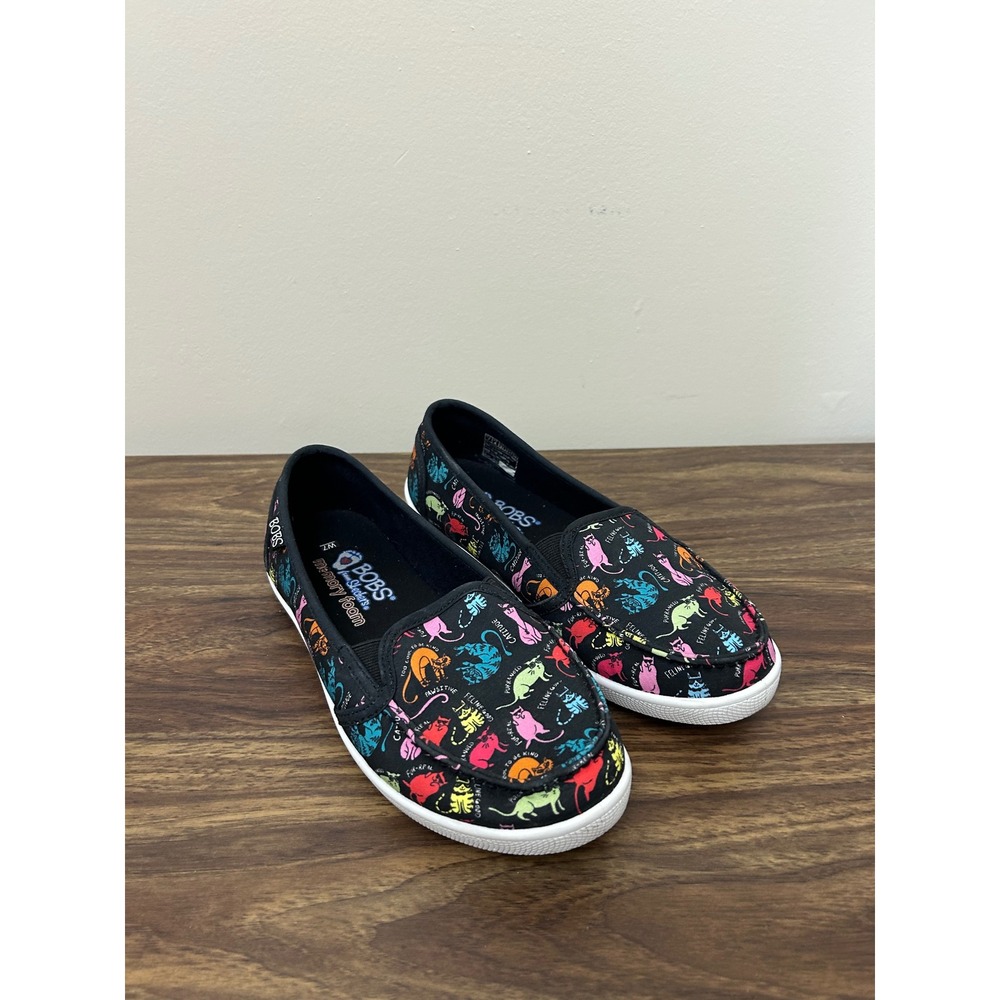 Skechers BOBS Beach Bingo Feline Good Cat Print Slip On Shoes Black Multi Size 7